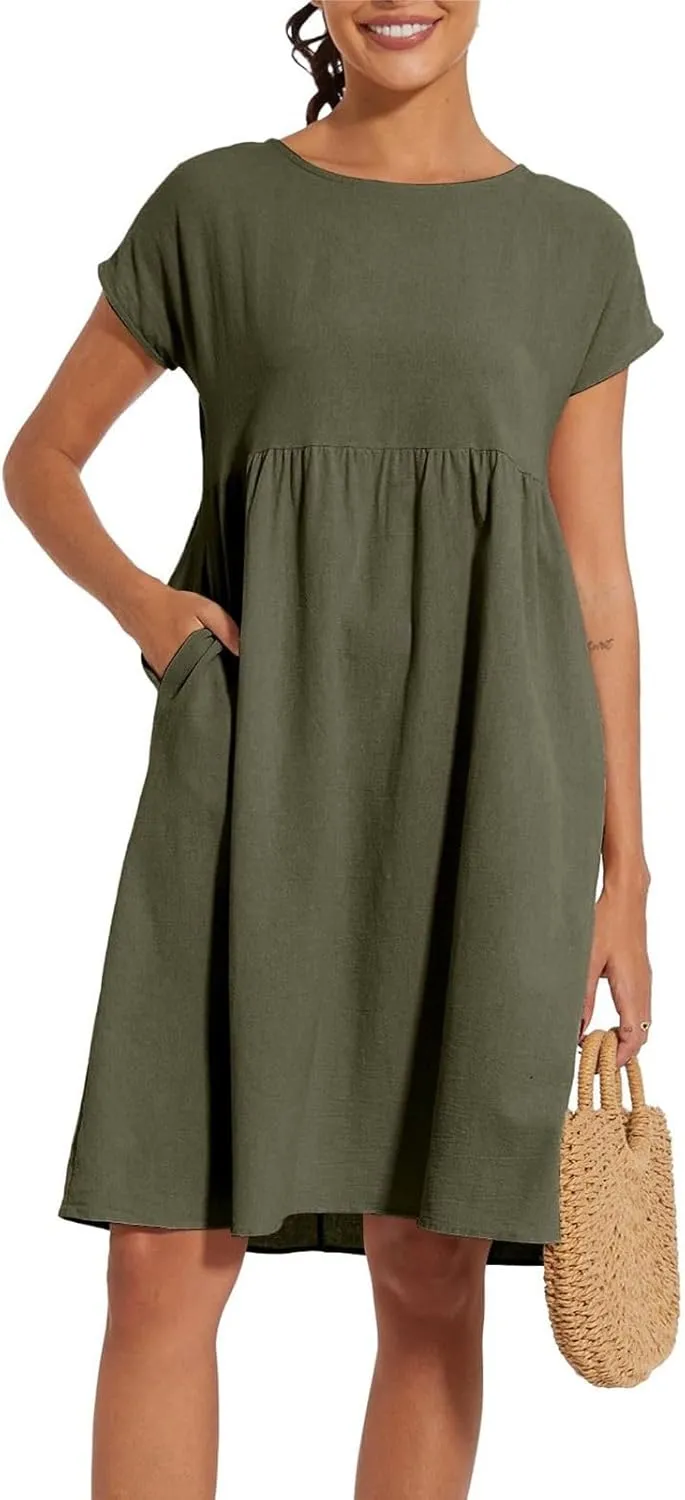 Dresses for Women Summer Plus Size Linen Short Sleeve Midi Dress Casual 2024 Beach Vacation Sundress with Pockets