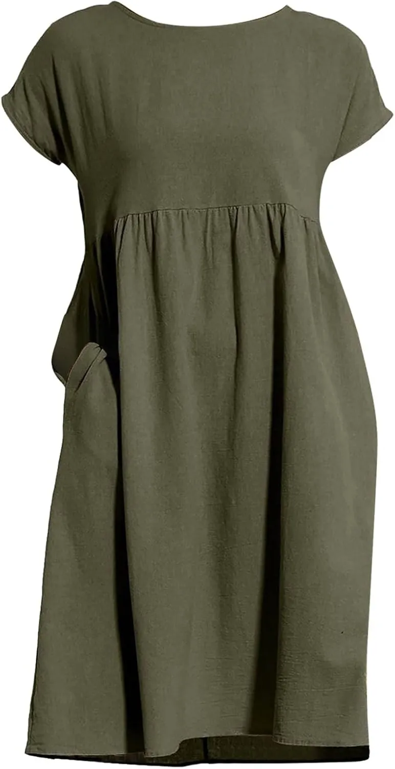 Dresses for Women Summer Plus Size Linen Short Sleeve Midi Dress Casual 2024 Beach Vacation Sundress with Pockets
