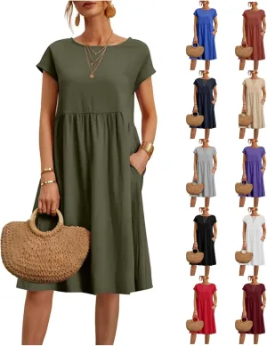 Dresses for Women Summer Plus Size Linen Short Sleeve Midi Dress Casual 2024 Beach Vacation Sundress with Pockets