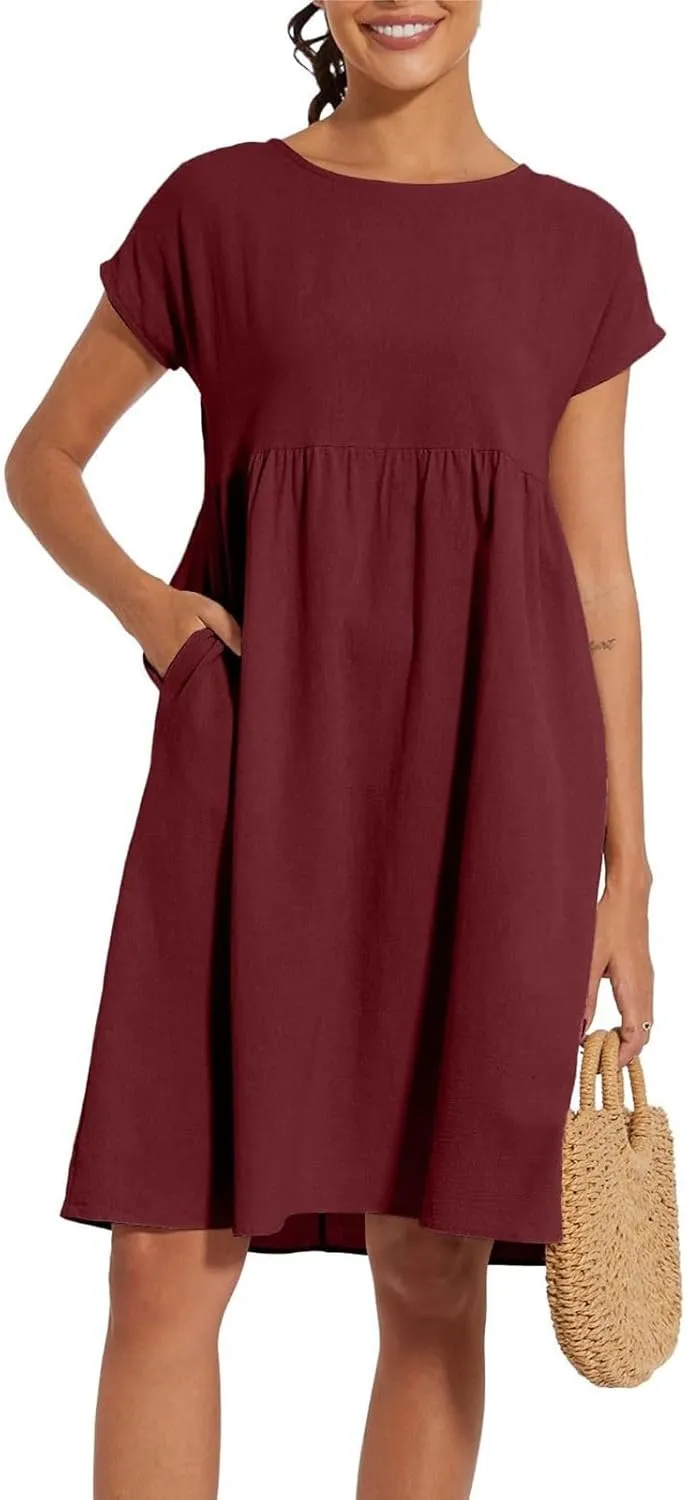 Dresses for Women Summer Plus Size Linen Short Sleeve Midi Dress Casual 2024 Beach Vacation Sundress with Pockets