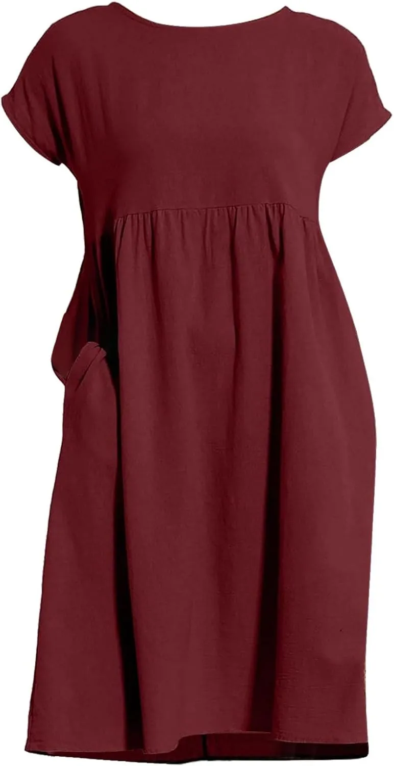 Dresses for Women Summer Plus Size Linen Short Sleeve Midi Dress Casual 2024 Beach Vacation Sundress with Pockets