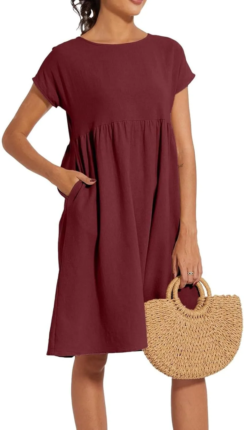 Dresses for Women Summer Plus Size Linen Short Sleeve Midi Dress Casual 2024 Beach Vacation Sundress with Pockets