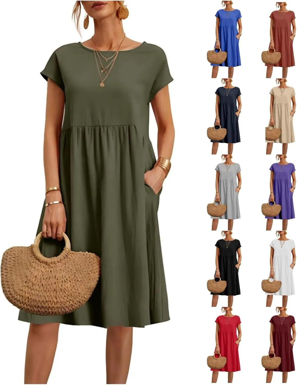 Dresses for Women Summer Plus Size Linen Short Sleeve Midi Dress Casual 2024 Beach Vacation Sundress with Pockets