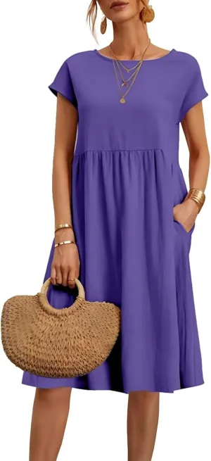Dresses for Women Summer Plus Size Linen Short Sleeve Midi Dress Casual 2024 Beach Vacation Sundress with Pockets