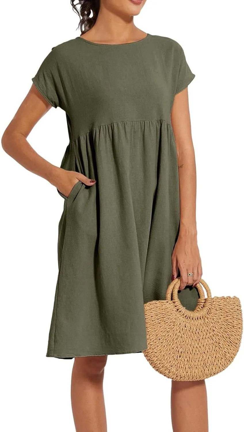 Dresses for Women Summer Plus Size Linen Short Sleeve Midi Dress Casual 2024 Beach Vacation Sundress with Pockets