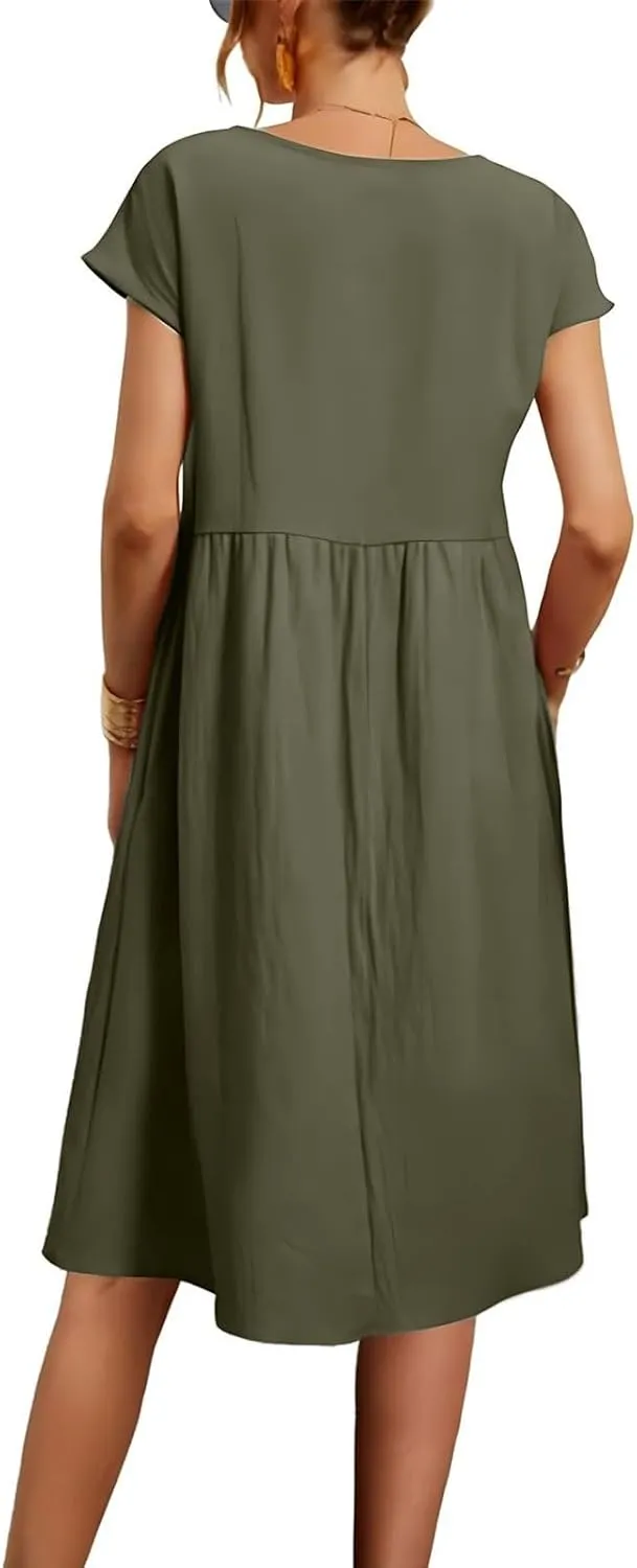 Dresses for Women Summer Plus Size Linen Short Sleeve Midi Dress Casual 2024 Beach Vacation Sundress with Pockets