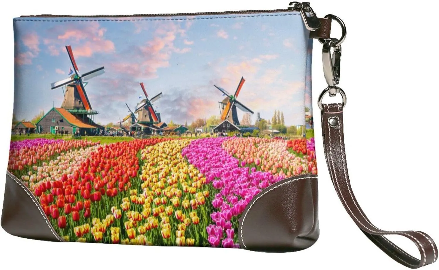 Dutch Windmills Tulips Flowers Women Leather Clutch Bag Wristlet Handbags Purses Evening Bag Clutch Purse