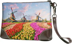 Dutch Windmills Tulips Flowers Women Leather Clutch Bag Wristlet Handbags Purses Evening Bag Clutch Purse