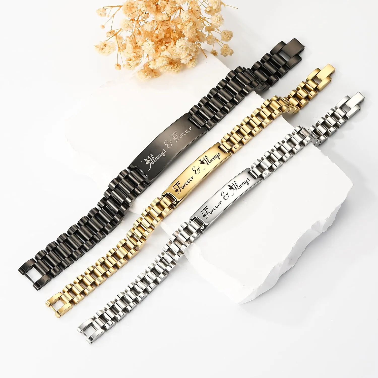 Easter Basket Stuffers Gifts for Parents 2 Pcs Bracelets for Men Women Stainless Steel Link Bracelets Watch Band Jewelry Gifts for Dad Mom Grandparents Couples Set