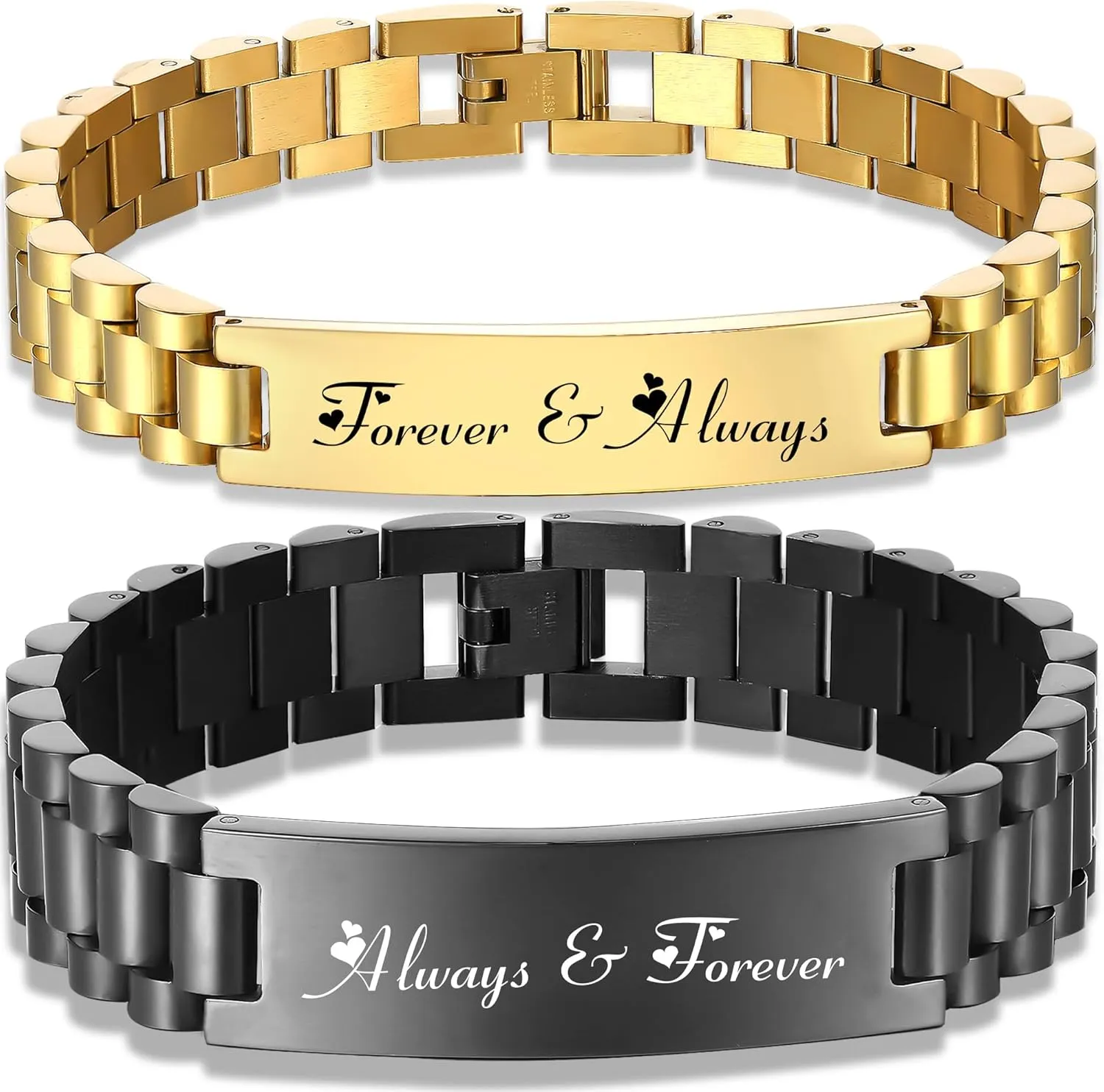 Easter Basket Stuffers Gifts for Parents 2 Pcs Bracelets for Men Women Stainless Steel Link Bracelets Watch Band Jewelry Gifts for Dad Mom Grandparents Couples Set