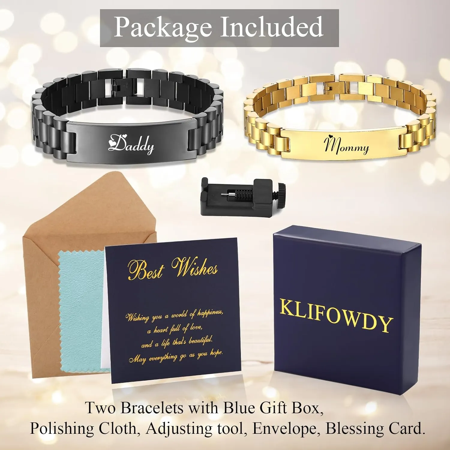 Easter Basket Stuffers Gifts for Parents 2 Pcs Bracelets for Men Women Stainless Steel Link Bracelets Watch Band Jewelry Gifts for Dad Mom Grandparents Couples Set