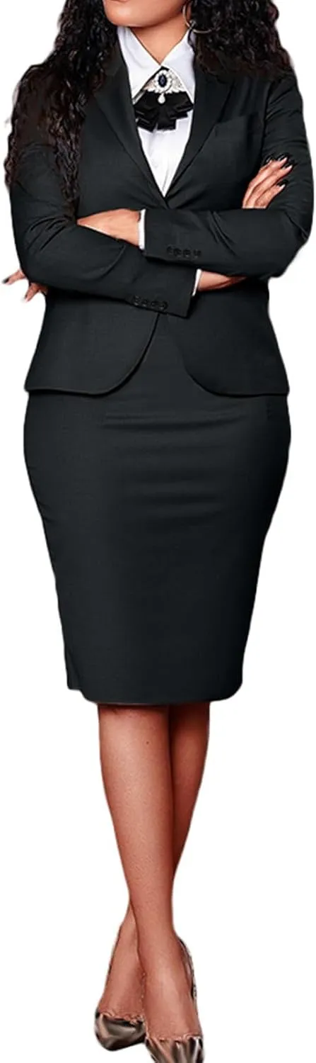 Ecirod Business Suit Skirt Sets Women 2 Piece Outfits Formal Fall Long Sleeve Blazer Slit Pencil Midi Skirt Set