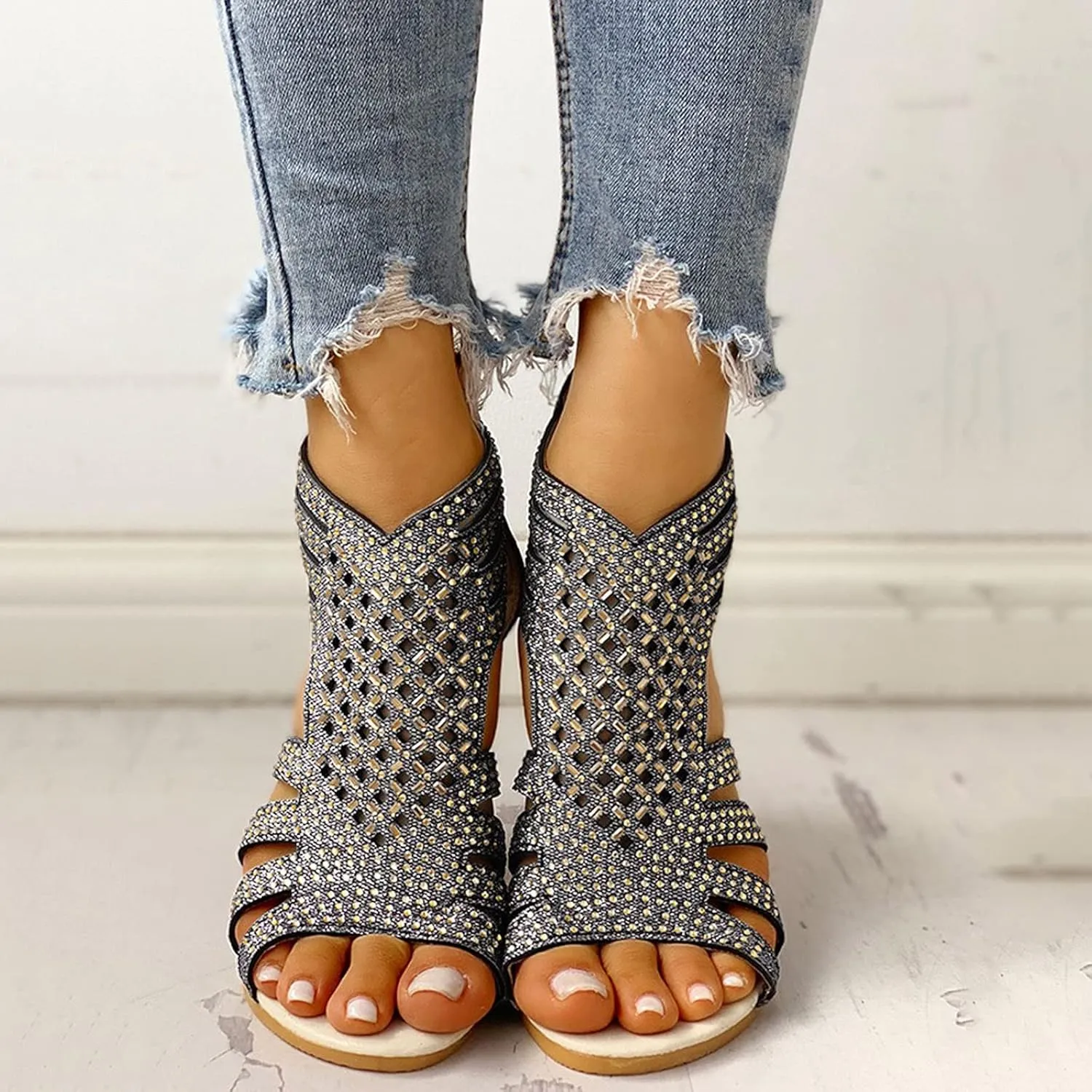 Eduavar Walking Sandals Women, Orthopedic Sandals for Women Low Wedge Sandals Cutout Zip Up Crystal Sandals Shoes