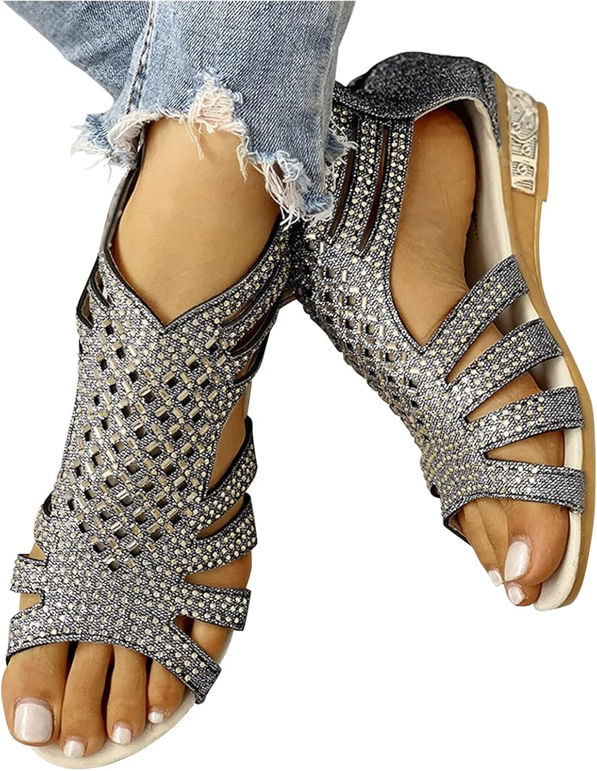 Eduavar Walking Sandals Women, Orthopedic Sandals for Women Low Wedge Sandals Cutout Zip Up Crystal Sandals Shoes