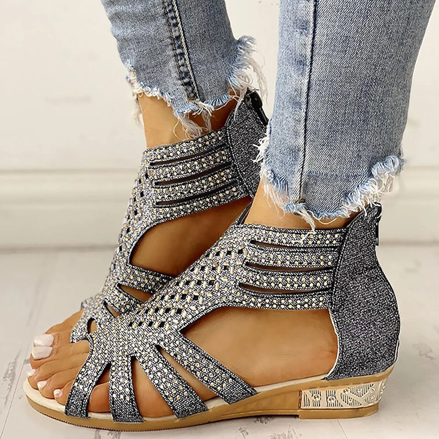 Eduavar Walking Sandals Women, Orthopedic Sandals for Women Low Wedge Sandals Cutout Zip Up Crystal Sandals Shoes