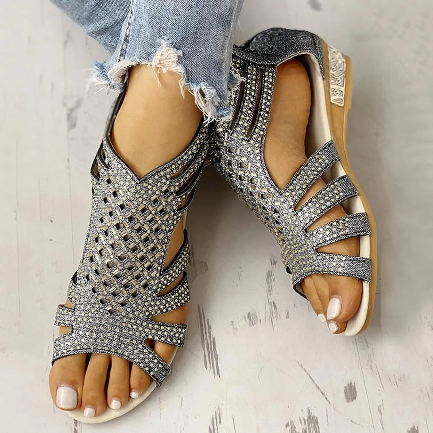 Eduavar Walking Sandals Women, Orthopedic Sandals for Women Low Wedge Sandals Cutout Zip Up Crystal Sandals Shoes