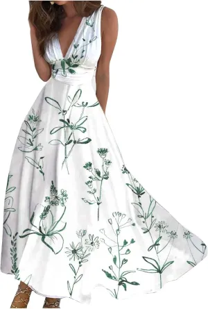 Elegant Floral Maxi Dress for Women, Sleeveless V-Neck Summer Dress, Lightweight and Comfortable