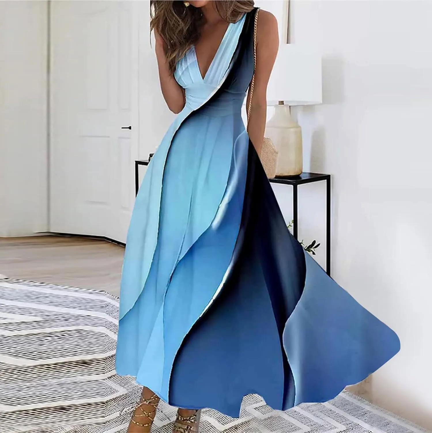 Elegant Floral Maxi Dress for Women, Sleeveless V-Neck Summer Dress, Lightweight and Comfortable