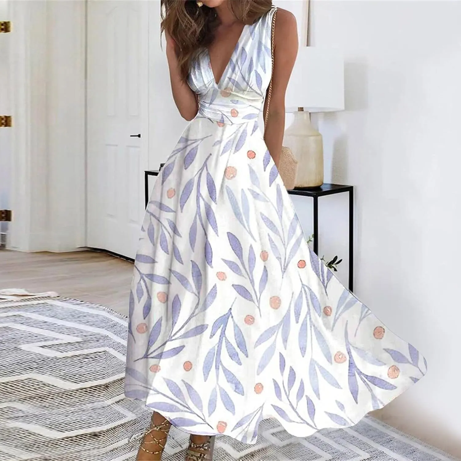 Elegant Floral Maxi Dress for Women, Sleeveless V-Neck Summer Dress, Lightweight and Comfortable