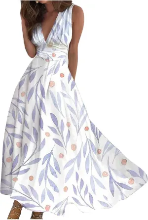 Elegant Floral Maxi Dress for Women, Sleeveless V-Neck Summer Dress, Lightweight and Comfortable
