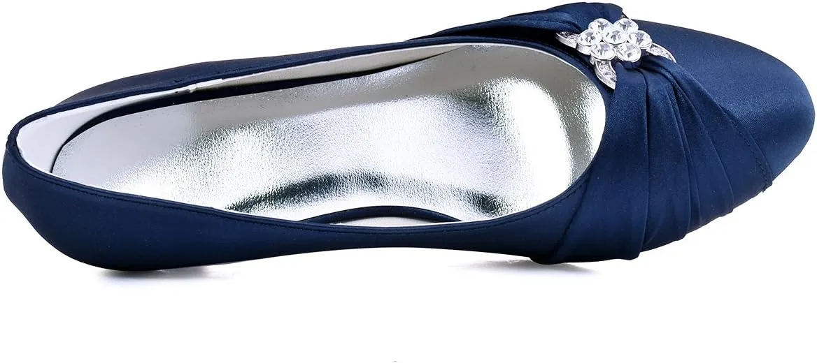 ELEGANTPARK Closed Toe Shoes for Women Low Heel Comfortable Wedding Shoes for Bride Satin Rhinestones Bridal Evening Prom Dress Pumps