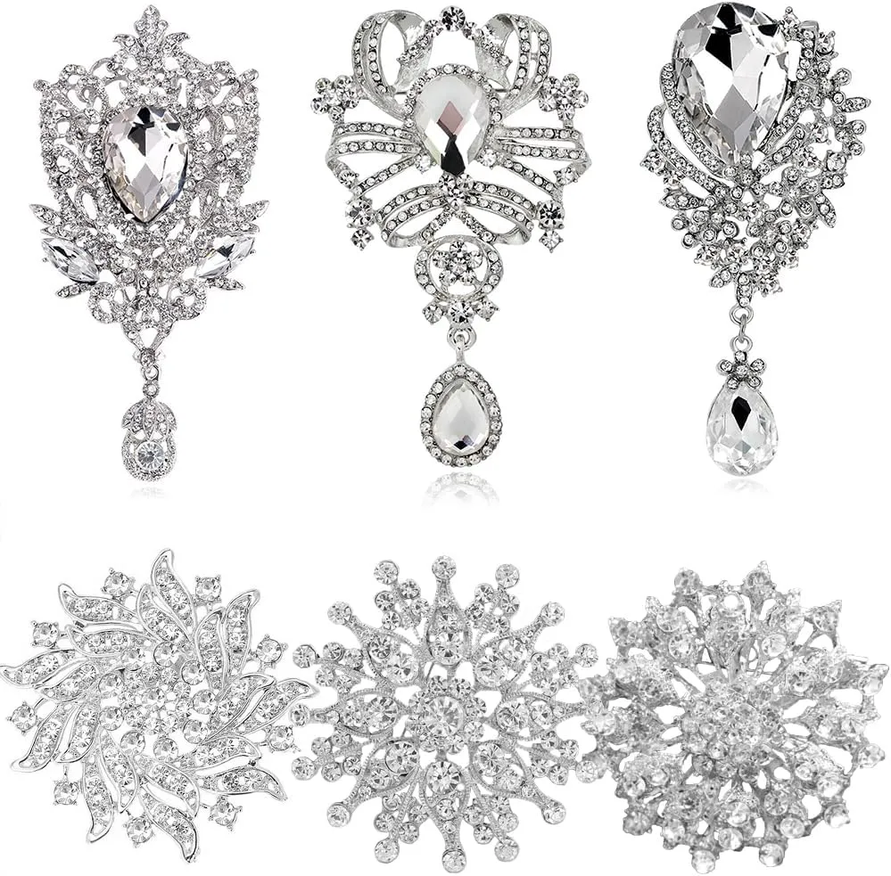 Ezing 6 Pcs Rhinestone Crystal Brooch Set for Wedding Bridal Bouquet Jewelry Brooches Lot