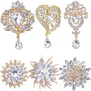 Ezing 6 Pcs Rhinestone Crystal Teardrop Brooches, Silver Gold Waterdrop Brooch for Women Wedding Bridal Bouquet Jewelry