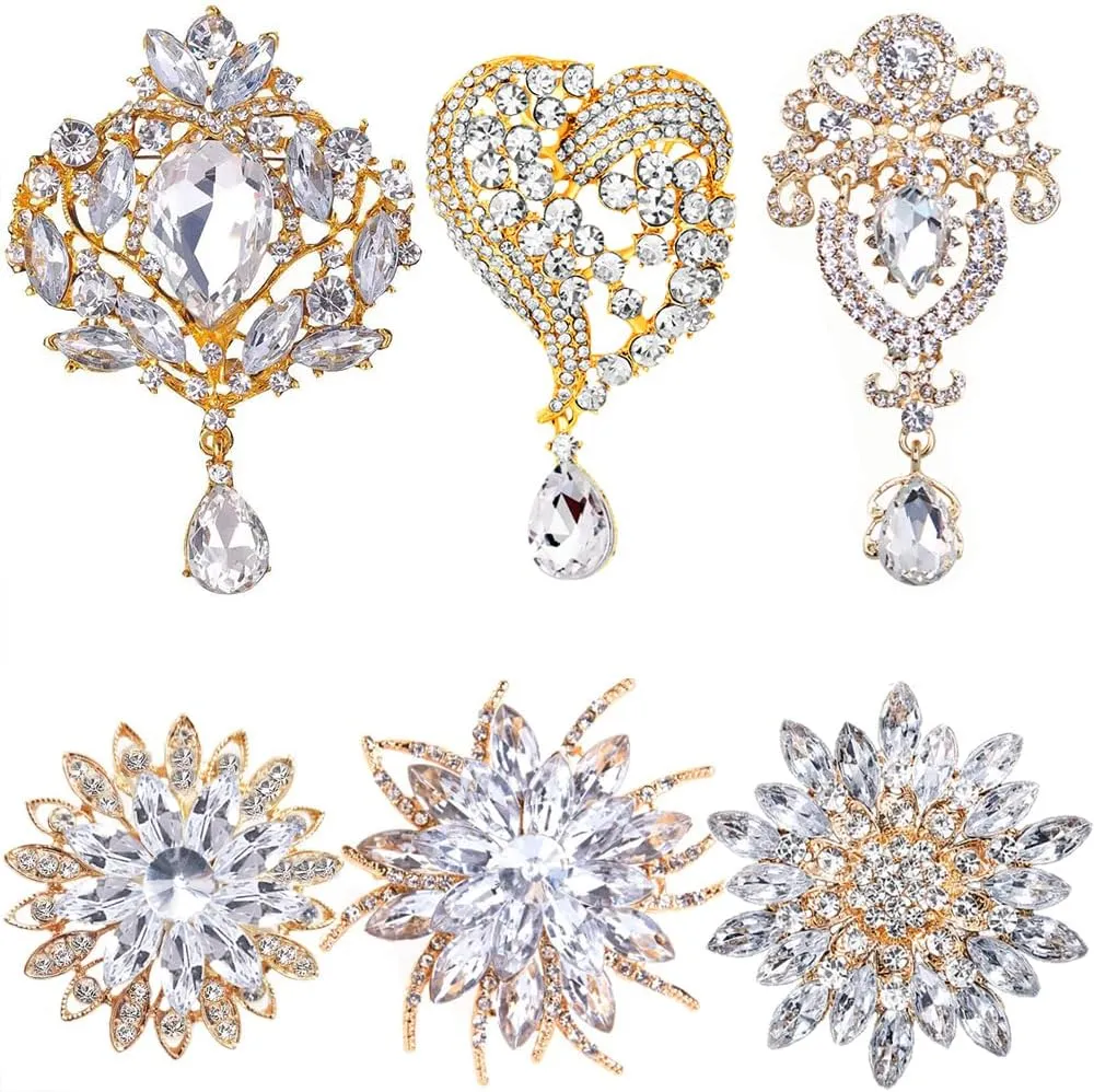 Ezing 6 Pcs Rhinestone Crystal Teardrop Brooches, Silver Gold Waterdrop Brooch for Women Wedding Bridal Bouquet Jewelry