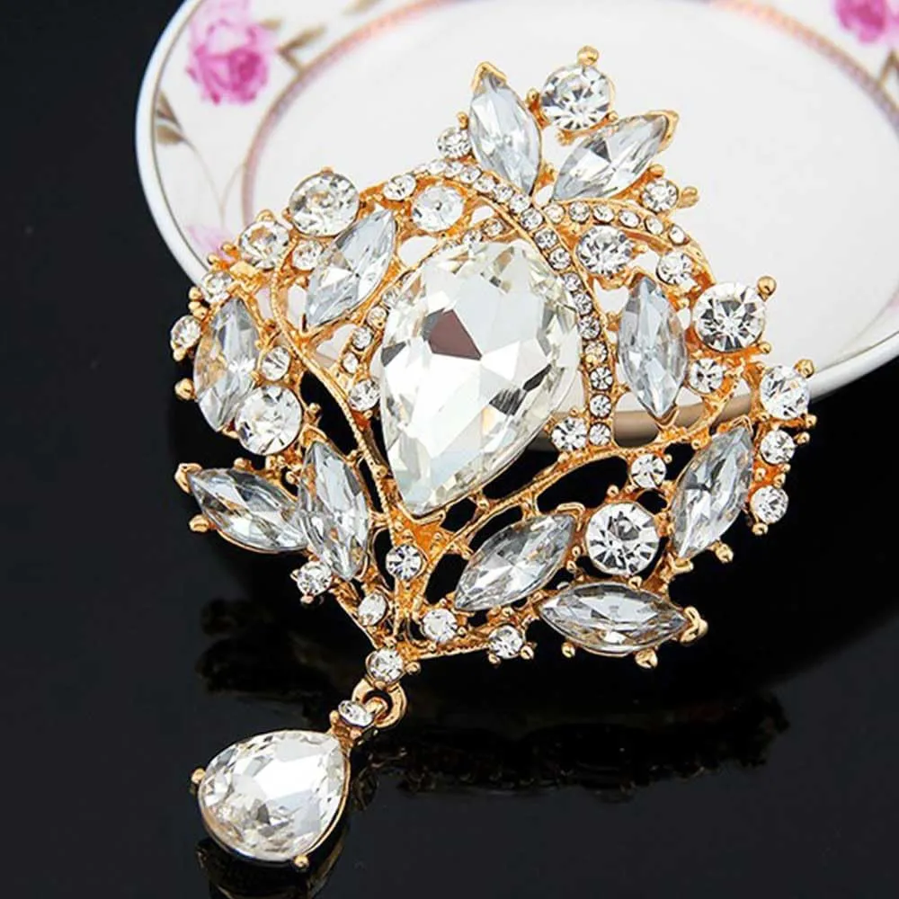 Ezing 6 Pcs Rhinestone Crystal Teardrop Brooches, Silver Gold Waterdrop Brooch for Women Wedding Bridal Bouquet Jewelry