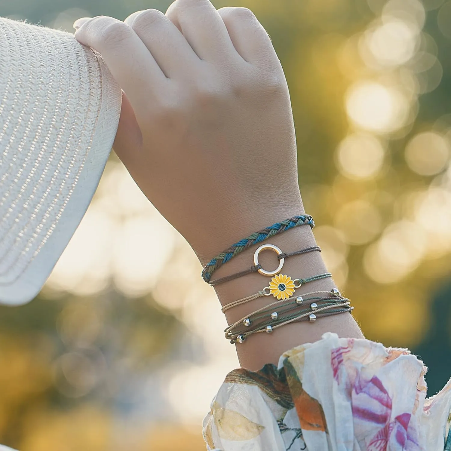 FANCY SHINY Sunflower String Bracelet Handmade Braided Rope Charms Boho Surfer Bracelet for Women Easter Gifts