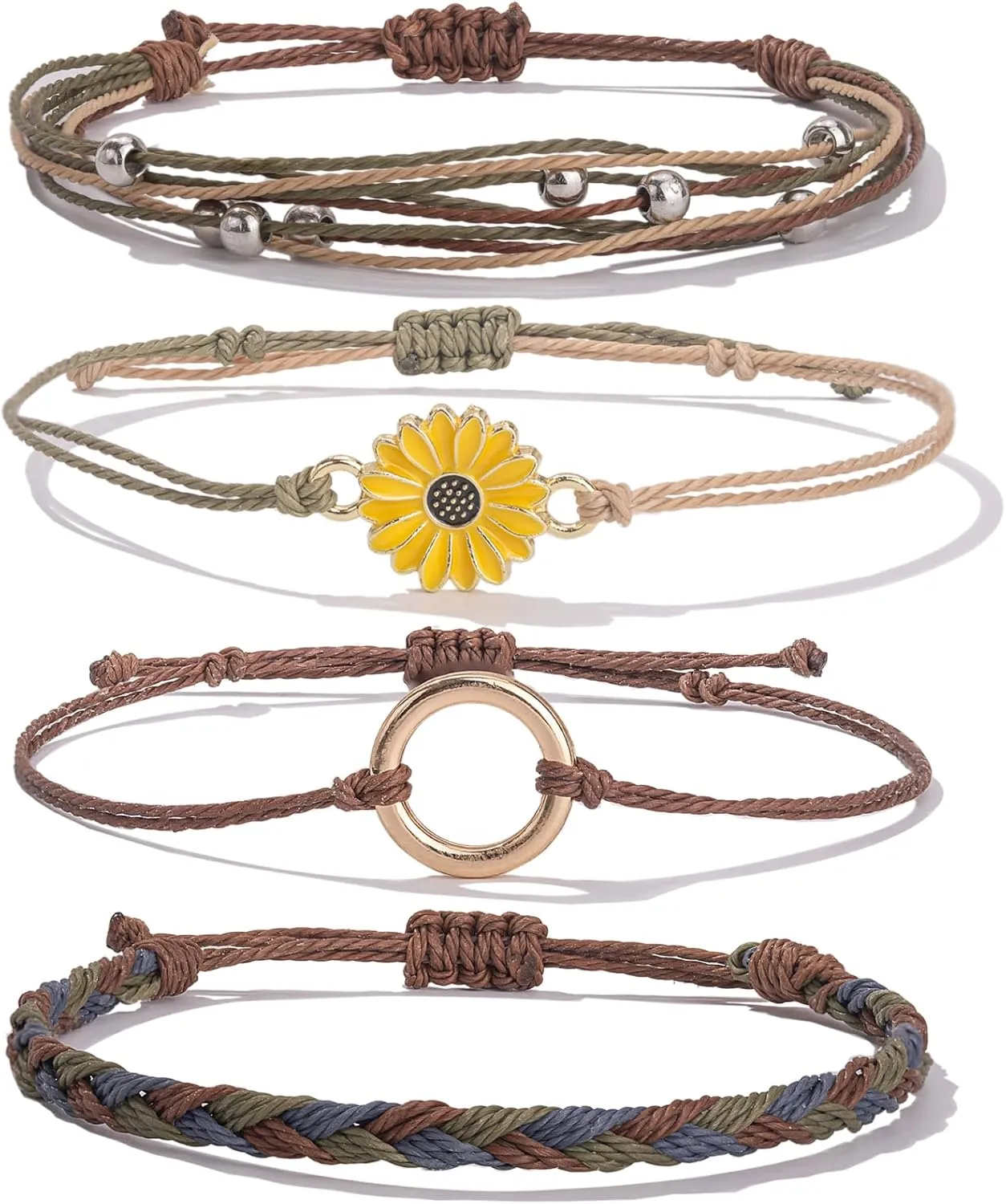 FANCY SHINY Sunflower String Bracelet Handmade Braided Rope Charms Boho Surfer Bracelet for Women Easter Gifts