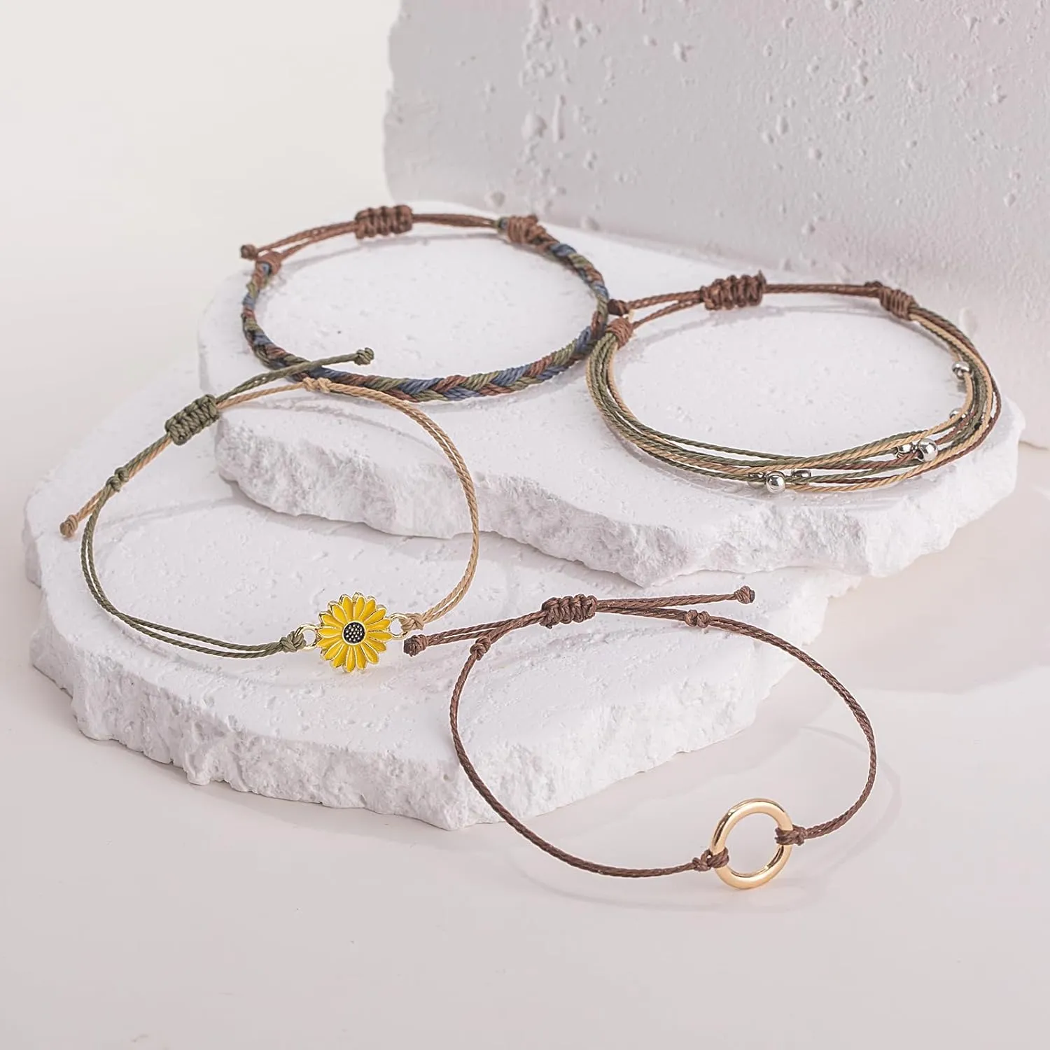 FANCY SHINY Sunflower String Bracelet Handmade Braided Rope Charms Boho Surfer Bracelet for Women Easter Gifts