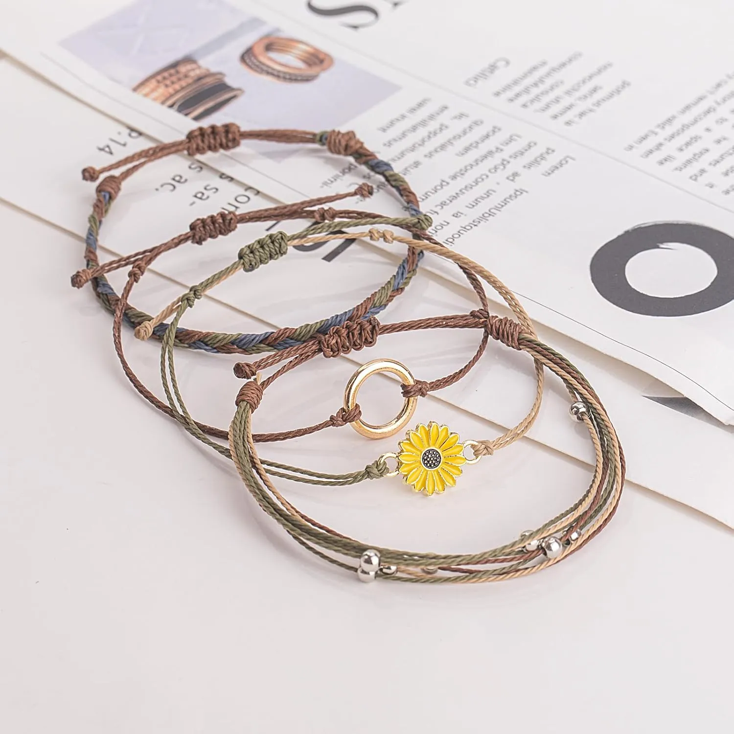 FANCY SHINY Sunflower String Bracelet Handmade Braided Rope Charms Boho Surfer Bracelet for Women Easter Gifts