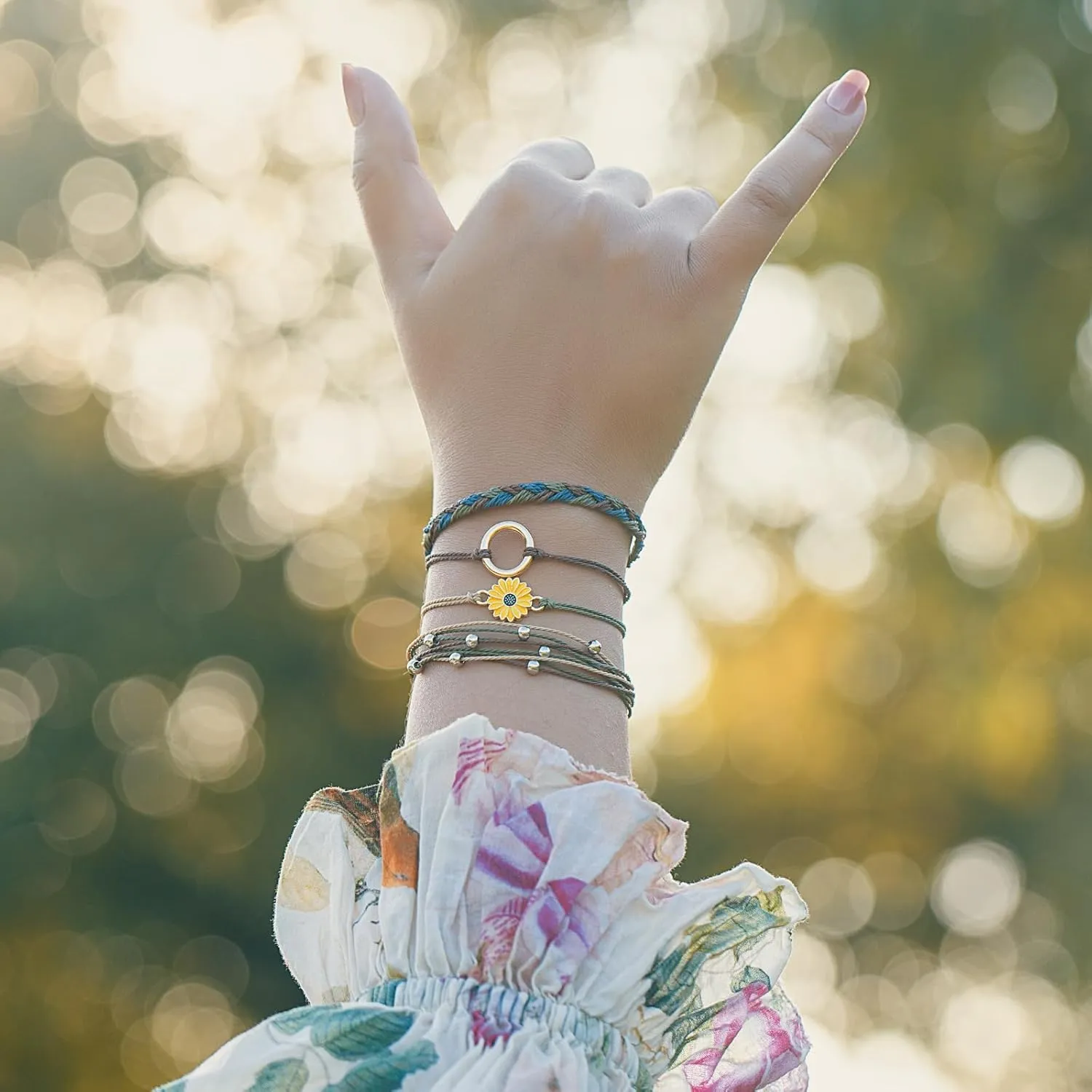 FANCY SHINY Sunflower String Bracelet Handmade Braided Rope Charms Boho Surfer Bracelet for Women Easter Gifts