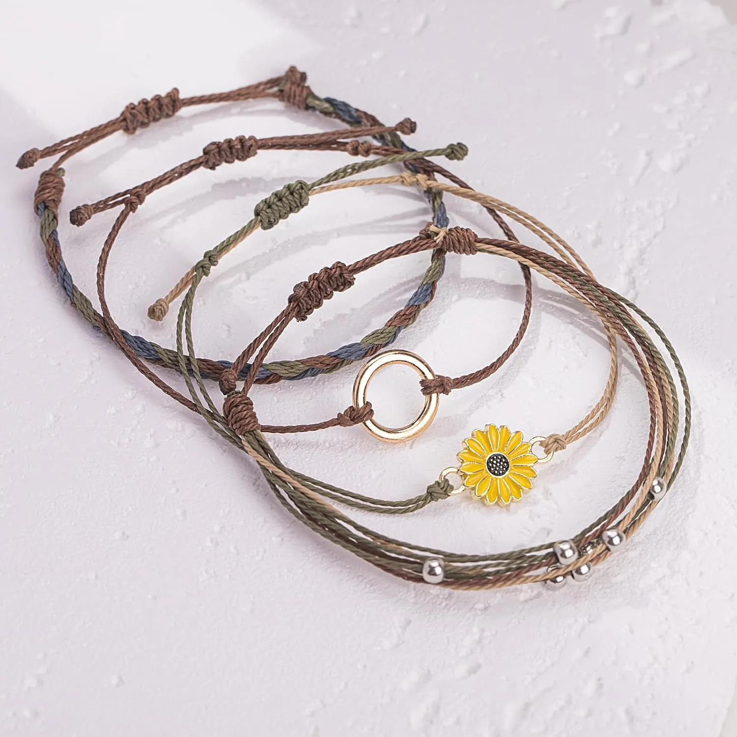 FANCY SHINY Sunflower String Bracelet Handmade Braided Rope Charms Boho Surfer Bracelet for Women Easter Gifts