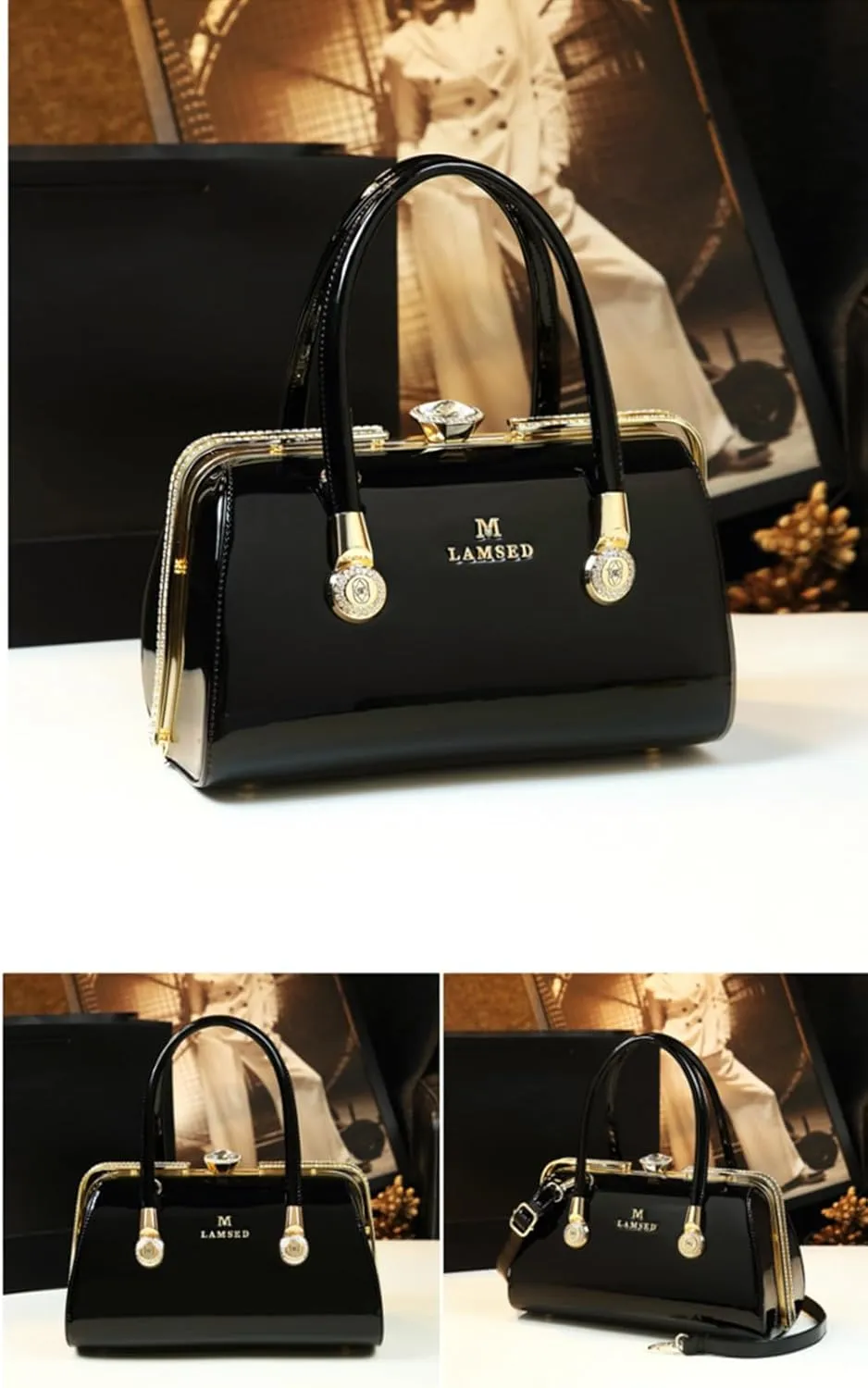 Fashion Leather Women's Top Handle Satchel Crossbody Handbags Diamonds Evening Bag Purses Hard Shoulder Bags