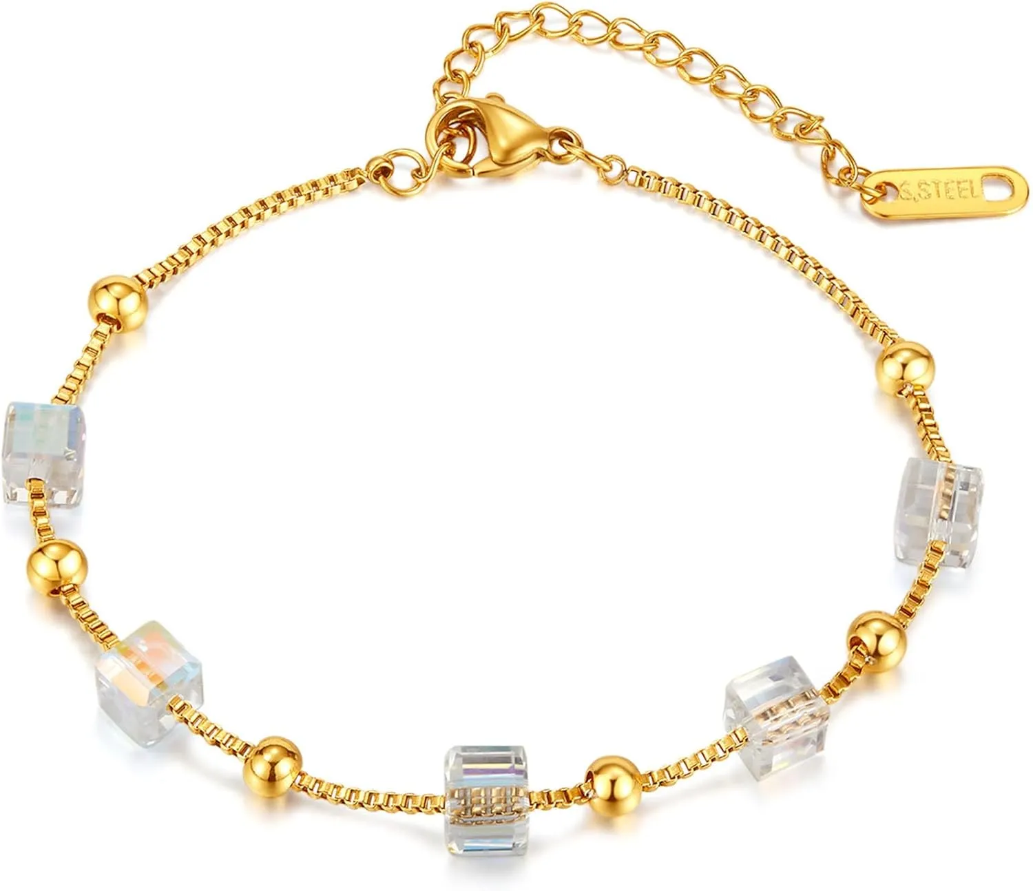 Fashion Stainless Steel Cube Crystal Bead Link Chain Bracelet