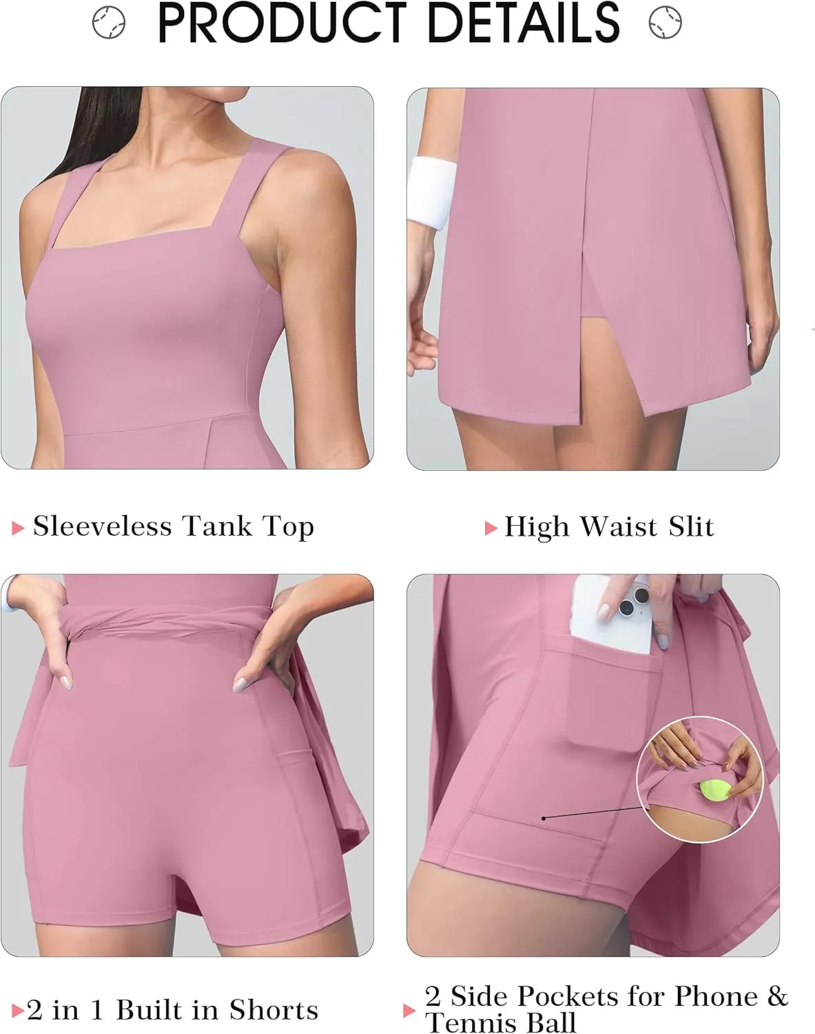 Fengbay Womens Tennis Dress Square Neck Sleeveless Athletic Dress Side Slit Flare Workout Dress