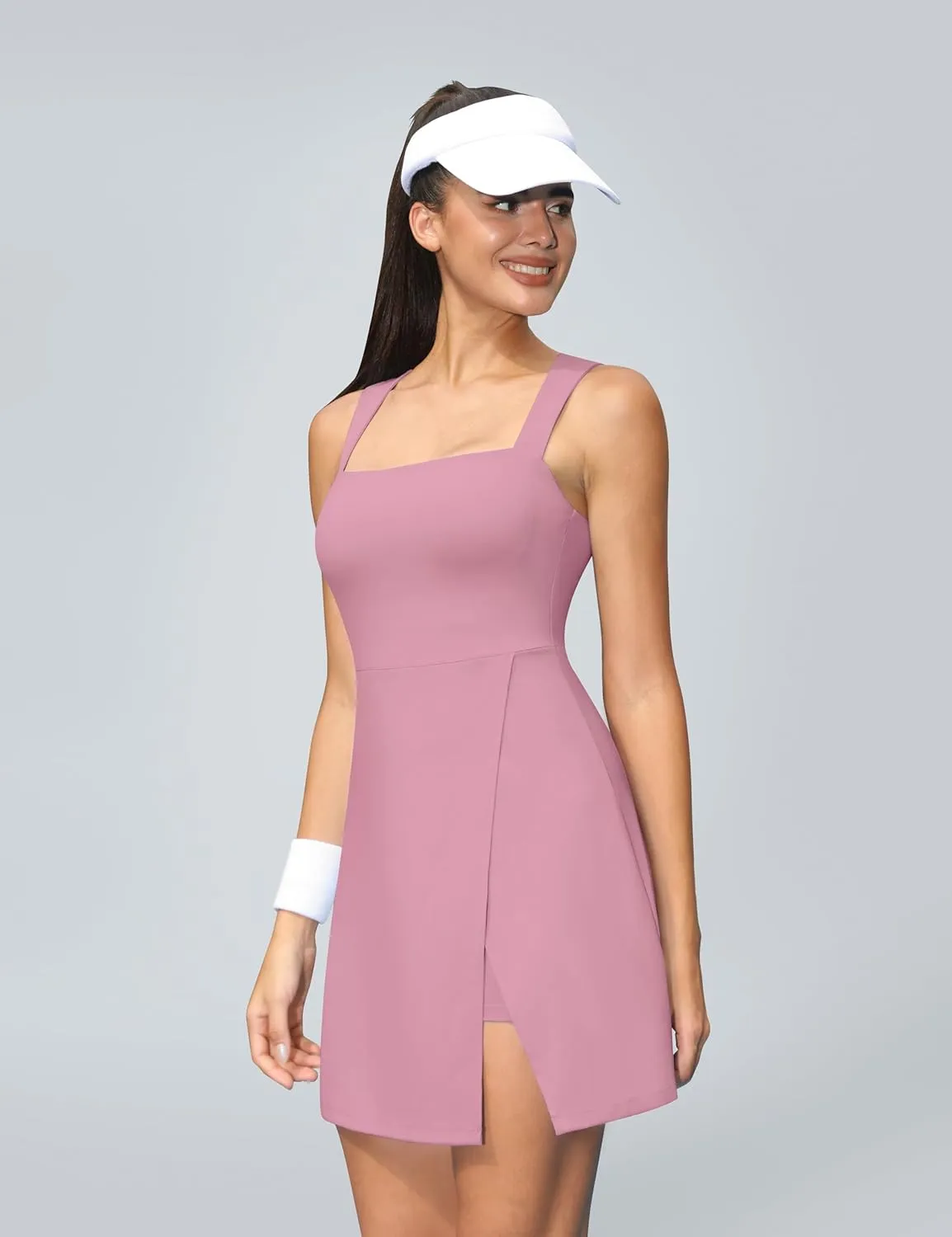Fengbay Womens Tennis Dress Square Neck Sleeveless Athletic Dress Side Slit Flare Workout Dress