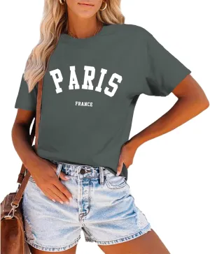 Fkatuzi Paris Shirts France Tshirts for Women Graphic Tee Vintage Letter Print T Shirts Paris Themed Gifts Cotton Tops