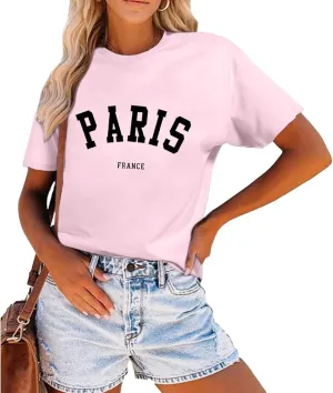 Fkatuzi Paris Shirts France Tshirts for Women Graphic Tee Vintage Letter Print T Shirts Paris Themed Gifts Cotton Tops