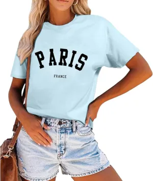 Fkatuzi Paris Shirts France Tshirts for Women Graphic Tee Vintage Letter Print T Shirts Paris Themed Gifts Cotton Tops