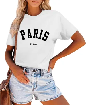 Fkatuzi Paris Shirts France Tshirts for Women Graphic Tee Vintage Letter Print T Shirts Paris Themed Gifts Cotton Tops