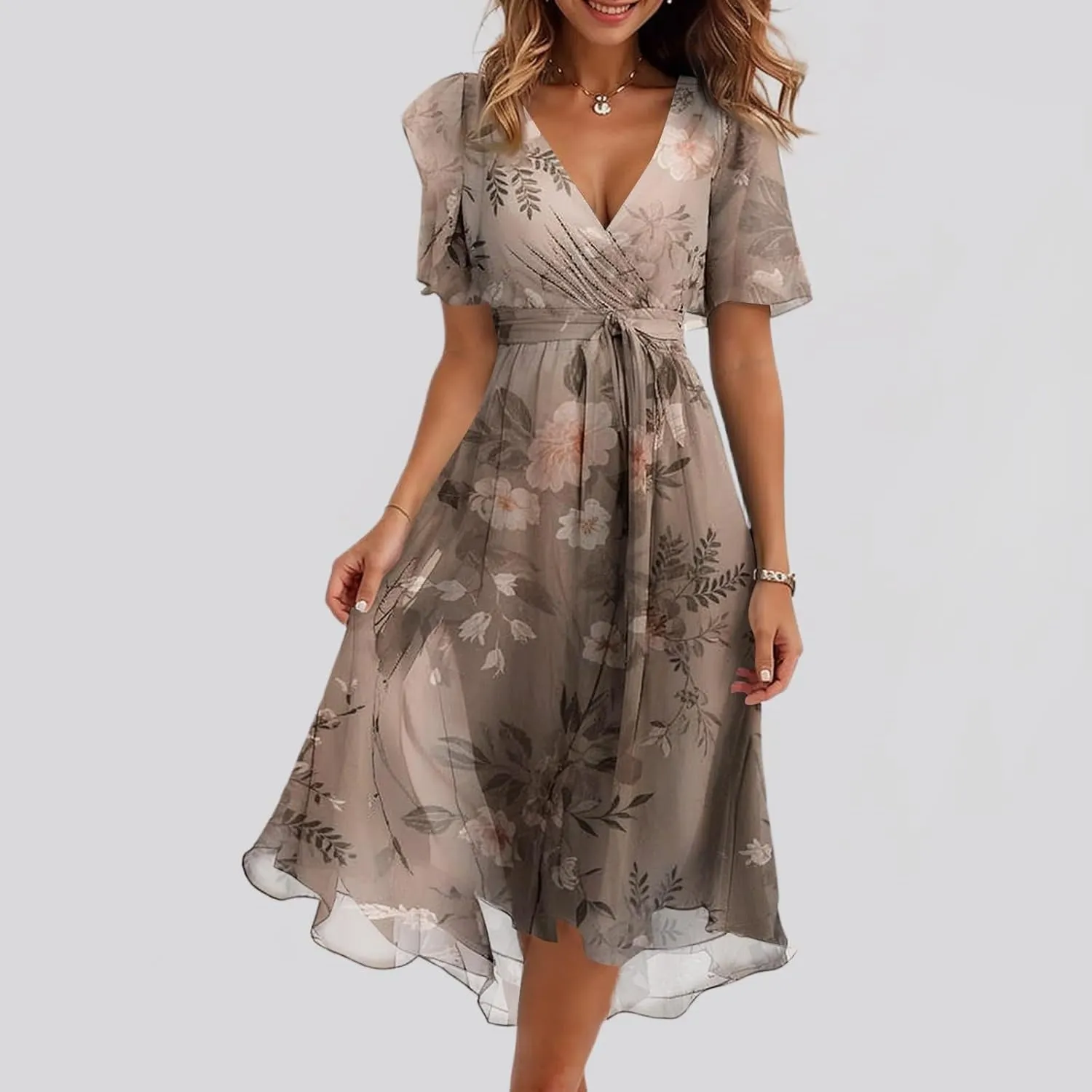 Floral Chiffon Midi Cocktail Dresses for Women 2025 Elegant Classy Summer Beach Flowy Sexy Deep V Neck Wrap Dress