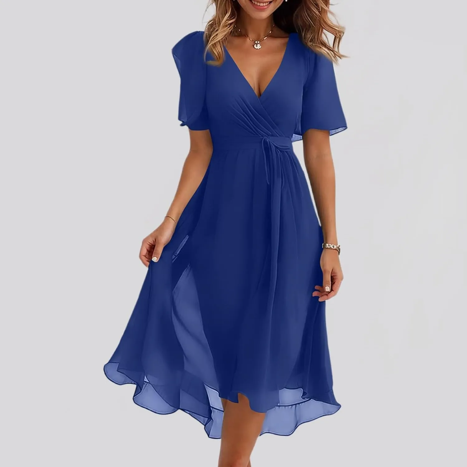 Floral Chiffon Midi Cocktail Dresses for Women 2025 Elegant Classy Summer Beach Flowy Sexy Deep V Neck Wrap Dress