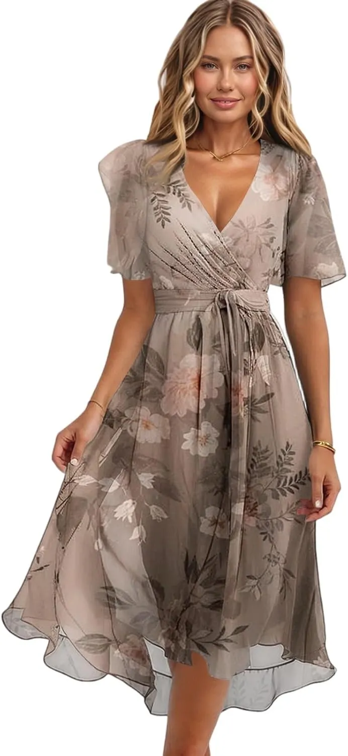 Floral Chiffon Midi Cocktail Dresses for Women 2025 Elegant Classy Summer Beach Flowy Sexy Deep V Neck Wrap Dress