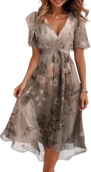 Floral Chiffon Midi Cocktail Dresses for Women 2025 Elegant Classy Summer Beach Flowy Sexy Deep V Neck Wrap Dress