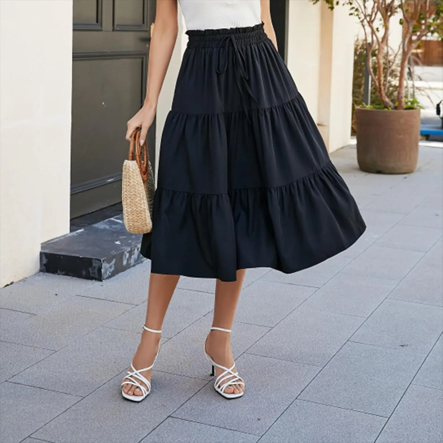 Floral Maxi Skirts for Women Trendy Summer Boho Tiered Long Flowy Skirt Drawstring High Waisted Swing A-Line Skirt