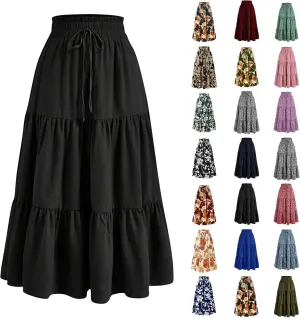 Floral Maxi Skirts for Women Trendy Summer Boho Tiered Long Flowy Skirt Drawstring High Waisted Swing A-Line Skirt