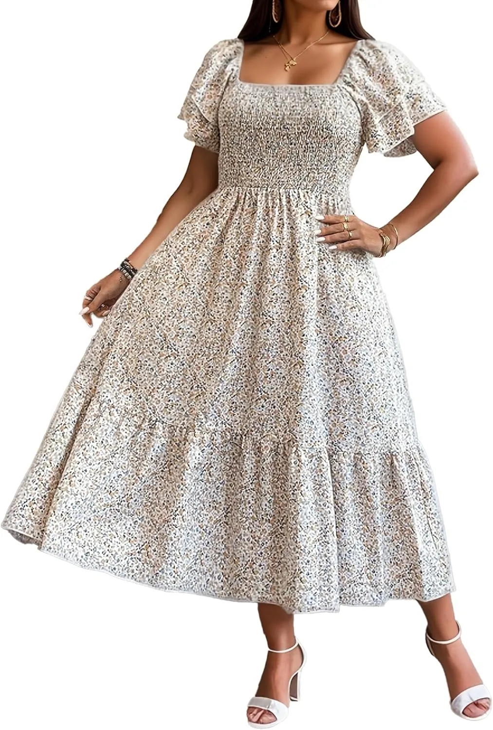 Floral Print Midi Dress, Square Neck, Smocked Bodice, Flutter Sleeves